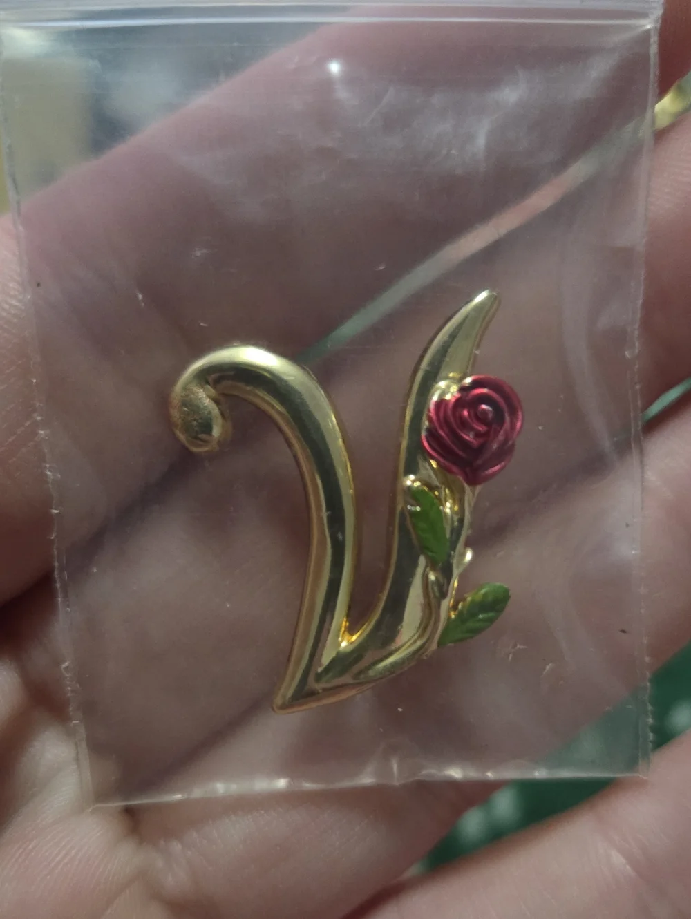 Gold Letter V Brooch with Red Rose Accent
